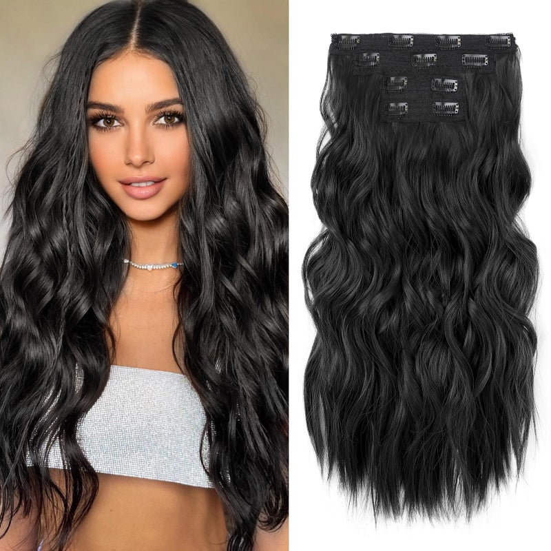 REECHO Hair Extensions 4PCS Clip in Hair Extensions 24 Thick Long Beach Waves Black hair extensions HE003 Invisible Lace Weft Natural Soft Synthetic Hairpieces for Women  Black